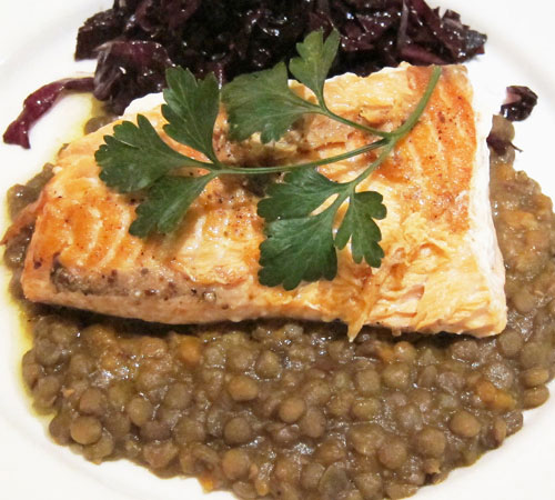 Lentils; Soft and Creamy with Salmon