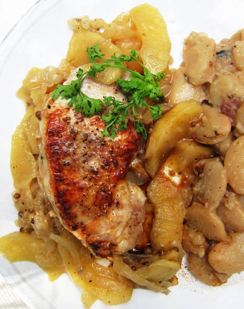 Seared Pork Chops with Braised Apples and Lima Beans
